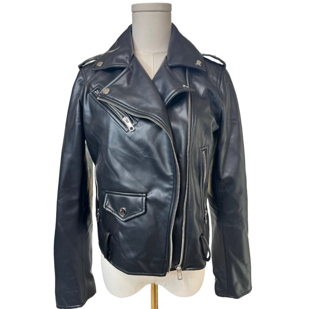 NWOT ZARA M Black Faux Leather Biker Jacket Zipper Details & Epaulettes - Picture 14 of 14